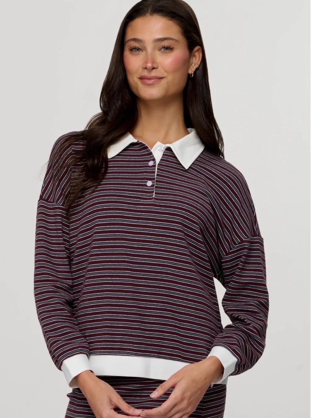 Kyra Striped Polo Sweatshirt in Burgundy/White
